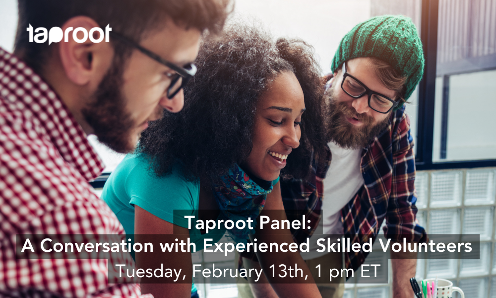 A group of smiling people are clustered around a table. A text overlay promotes a Taproot Foundation panel led by experienced skilled volunteers.