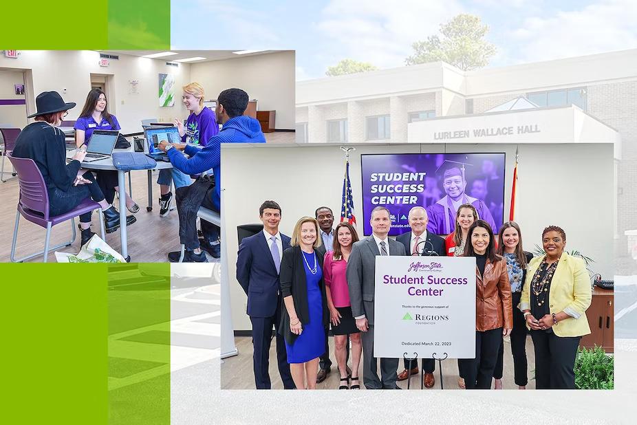 collage of two photos. Students with open laptops at a desk sitting across from each other. On the right a group of people standing behind a sign "Student Success Center".