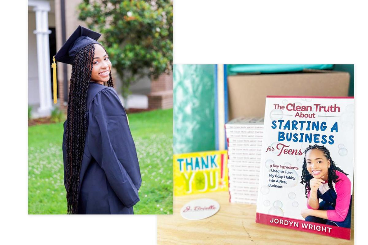 Jordyn Wright in graduation robe, and on the right a close up of her book.