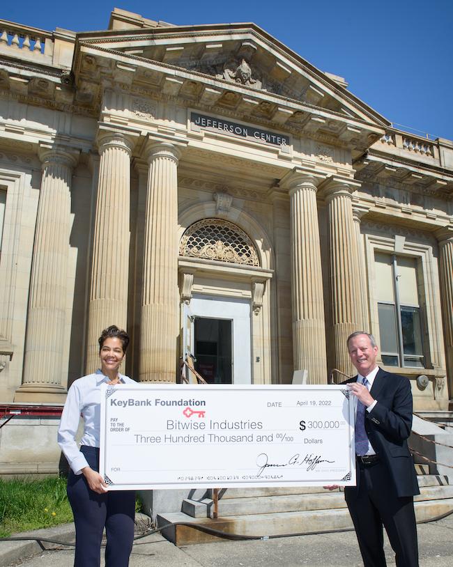 Photo: (L to R) Tammi Sherman, Vice President of Bitwise Toledo and KeyBank Northwest Ohio Market President Jim Hoffman outside the Jefferson Building in Downtown Toledo 