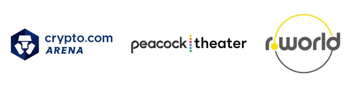 Crypto.com Arena, Peacock Theater and r.world logos.