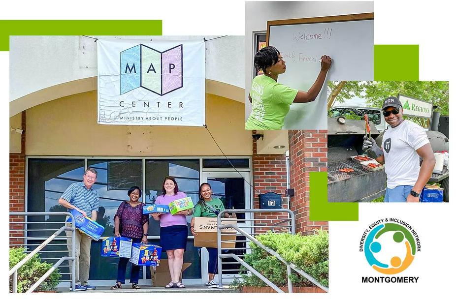 collage of the MAP center, people outside the building holding food boxes, some grilling, one writing on a white board