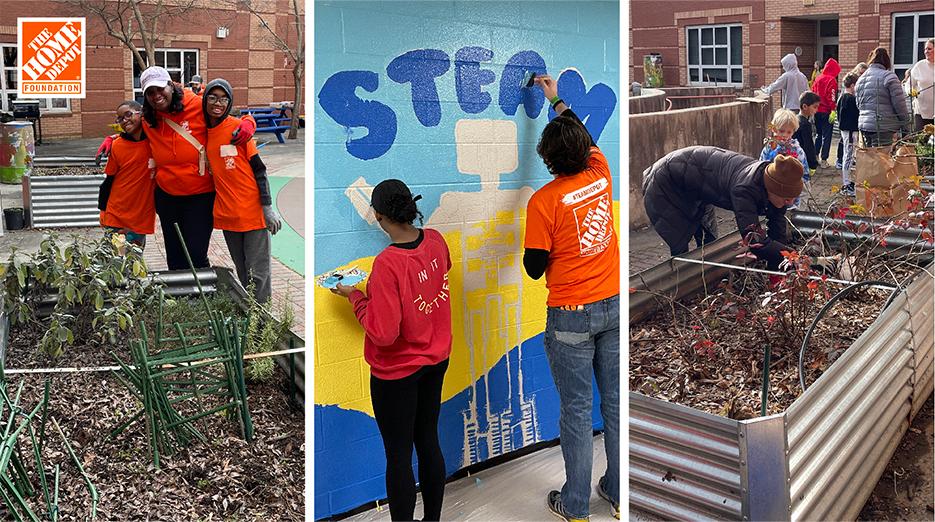 The Home Depot volunteers shown doing repairs to a home, painting and gardening.