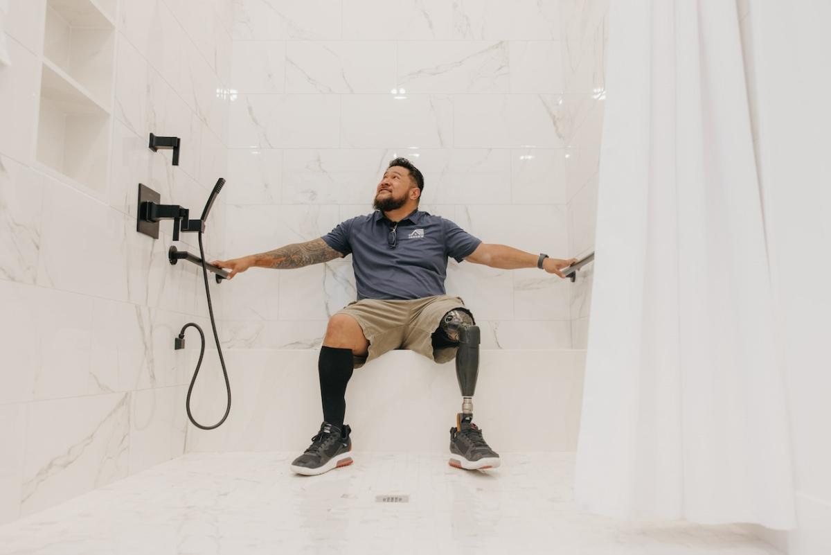 U.S. Army Sergeant Anesi “Maverick” Tu’ufuli in his newly built bathroom.