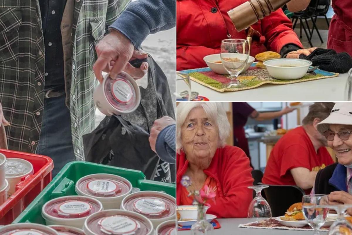 Collage of three images of people seated for a meal, and others selecting pre-packed foods.