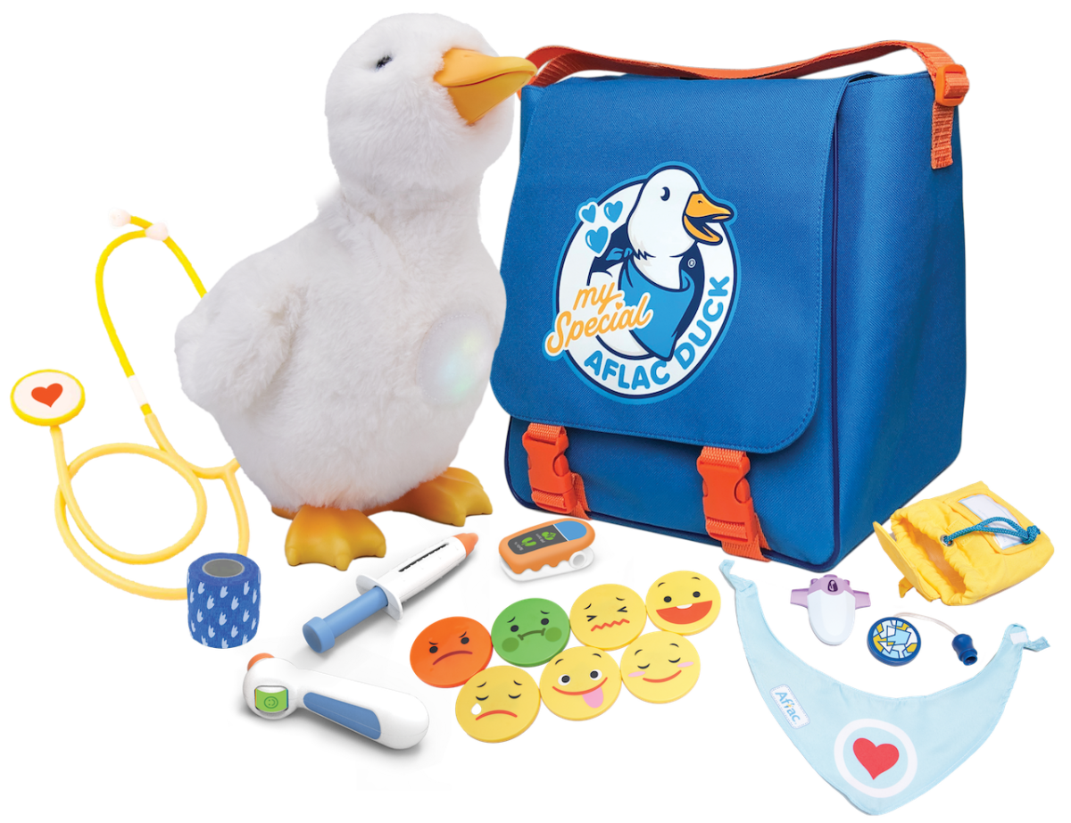 My Special Aflac Duck shown with his bag and accessories. 