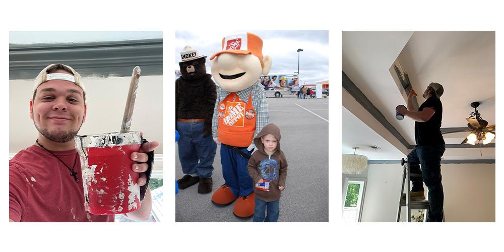 Collage of Brandon holding a paint can and working on a home.