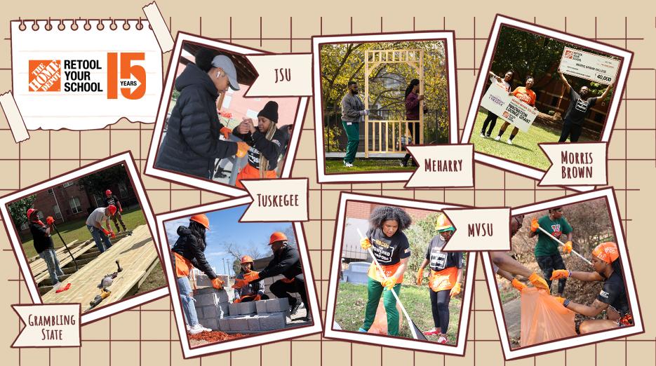 A collage of photos of people helping to renovate a school