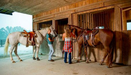 Two women with horses at the stable.