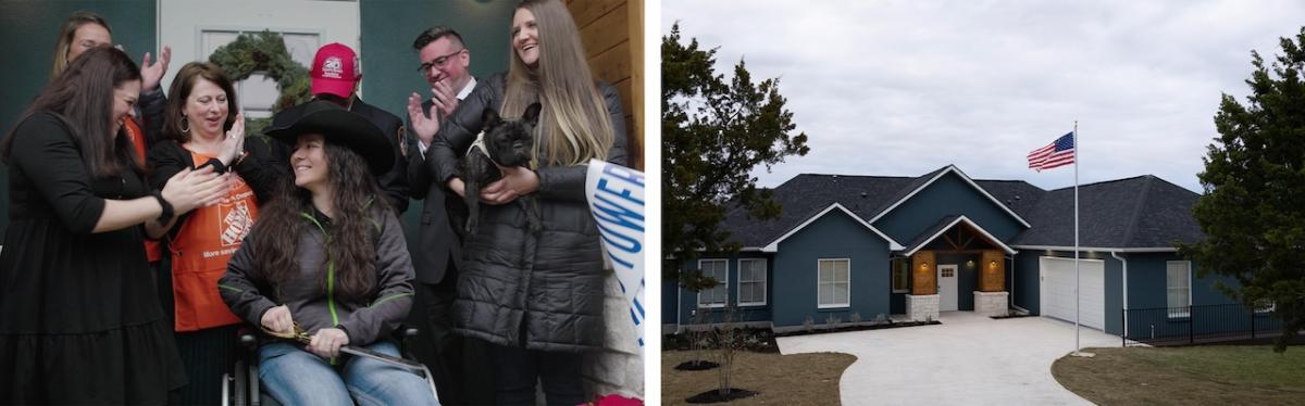 U.S. Army Specialist (SPC) Maggie Bilyeu shown in her new home and with The Home Depot Foundation volunteers.