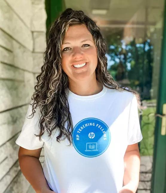 Tara Bova, wearing a HP teaching fellows t-shirt