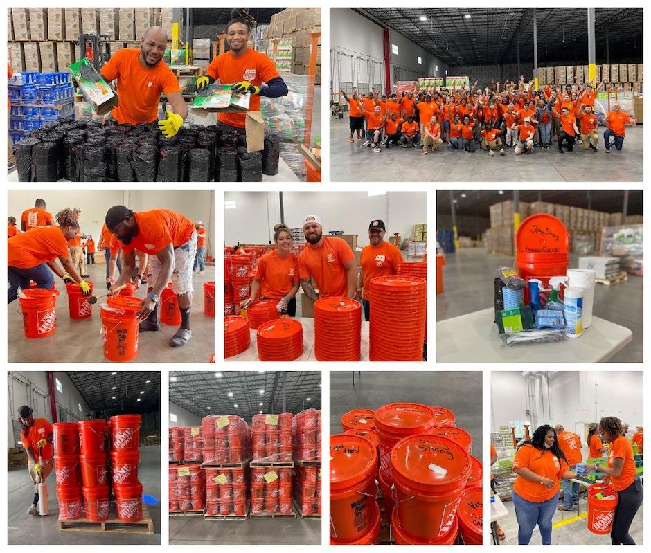 Collage of Team Depot volunteers preparing disaster kits.