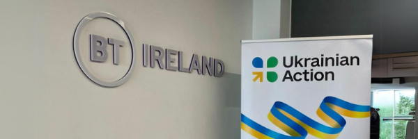 BT Ireland logo and Ukrainian Action Banner