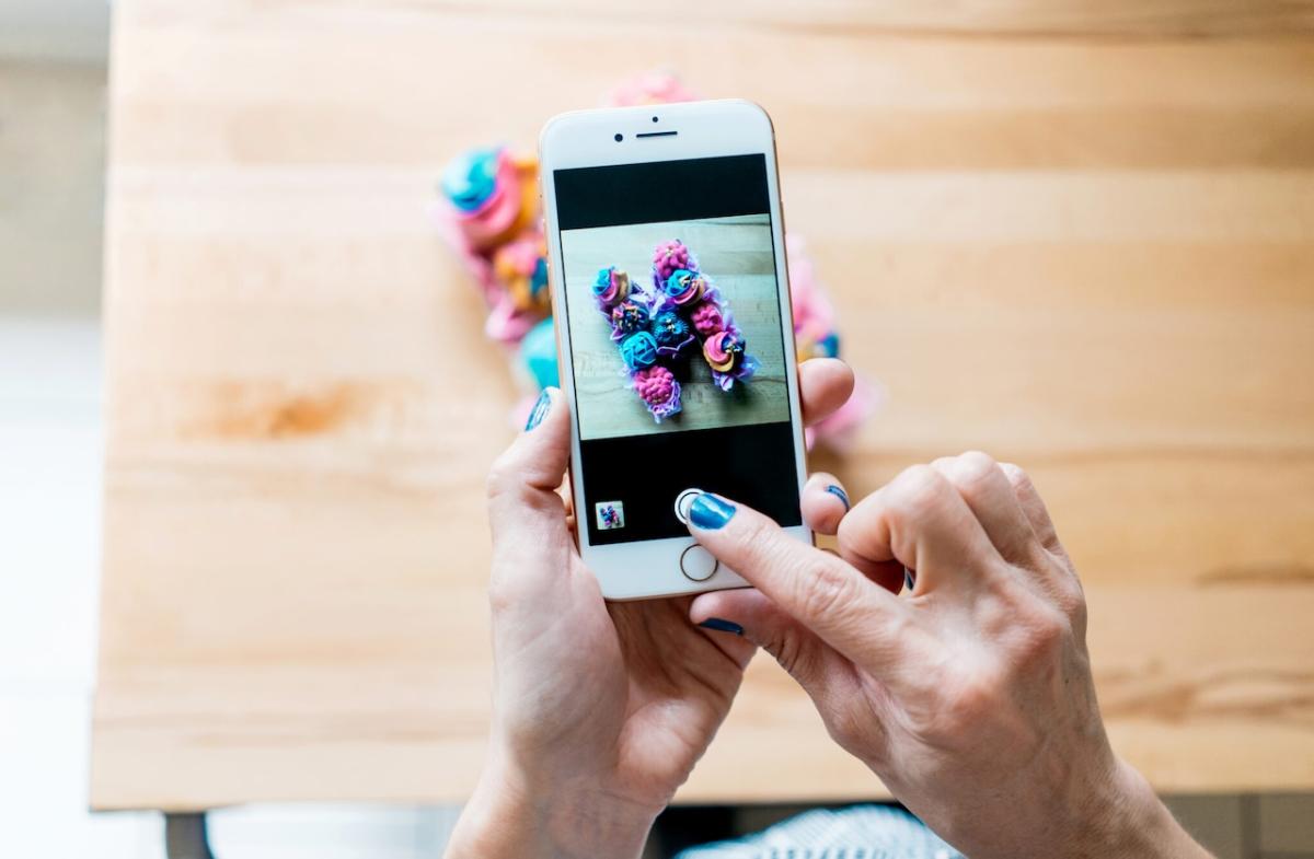 Person holding an iPhone and taking a photo of a flower.