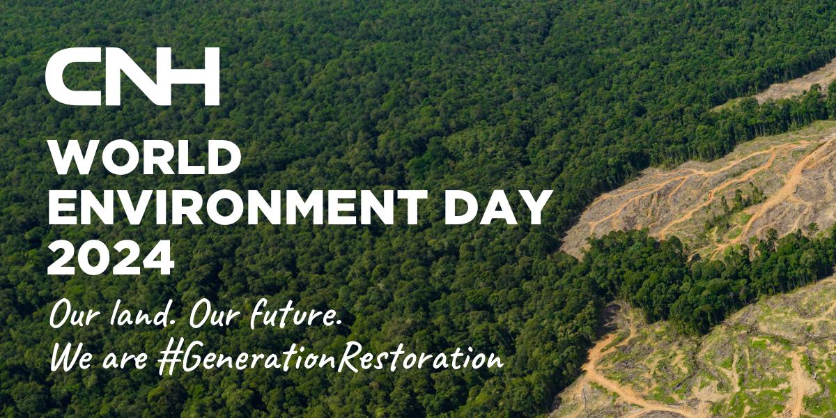 Over an aerial view of a wooded area "CNH World Environment Day 2024."