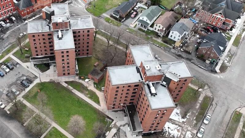 Overhead photo of two large buildings