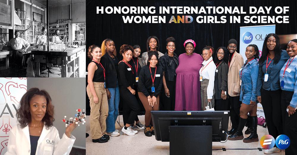 Collage of three photos. One black and white of people in and old laboratory, one of a person in white lab coat holding a molecular model and the last a large group of women on a stage with a floor monitor in front of them, "Honoring international day of women and girls in science" banner above them.