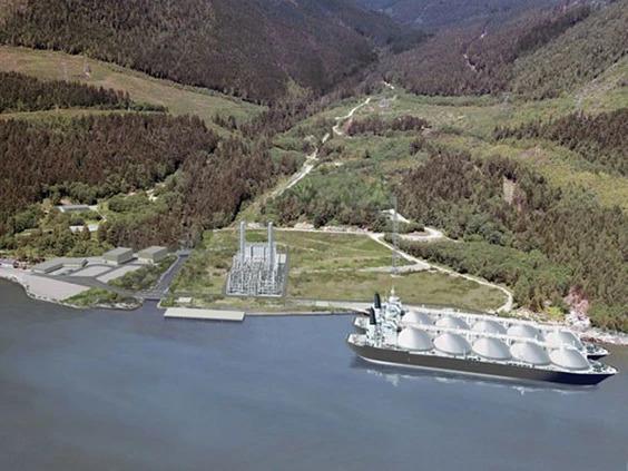 Aerial rendered image of a forested valley with a plant near waters' edge and a large boat