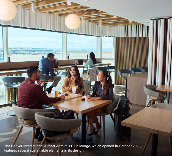 The Denver International Airport Admirals Club lounge, which opened in October 2023,  features several sustainable elements in its design.