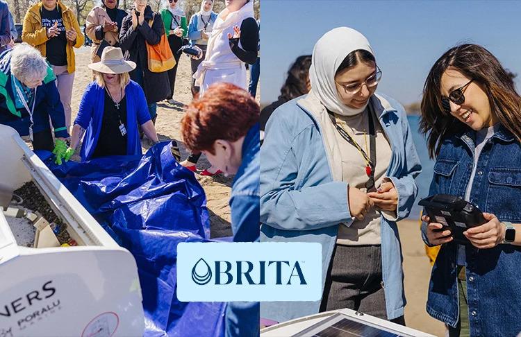 Two images of volunteers on a beach collecting waste from the robot and talking together. Brita logo central.