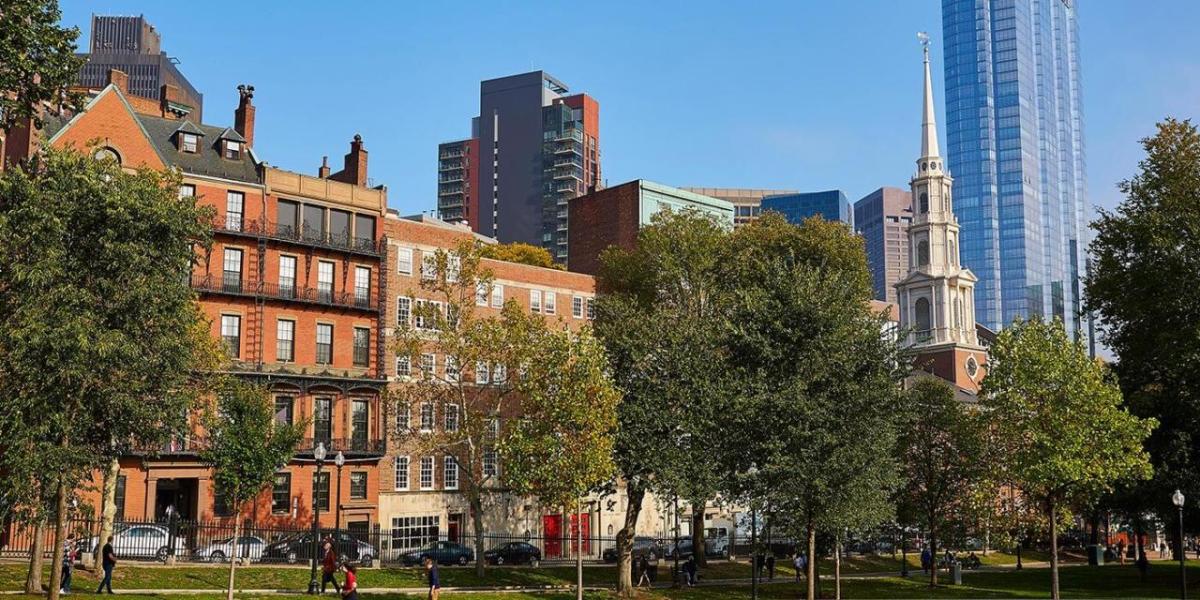 View of a Boston park and skyline.