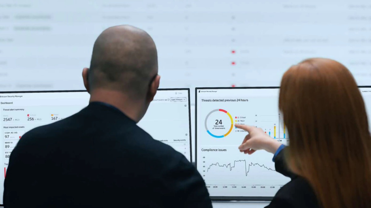 two people examining computer screens