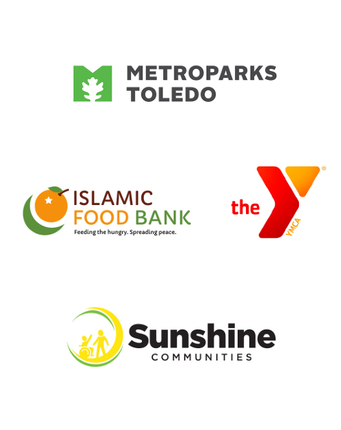 Logos for charity partners: Metroparks Toledo, Islamic Food Bank, the YMCA, Sunshine communities.