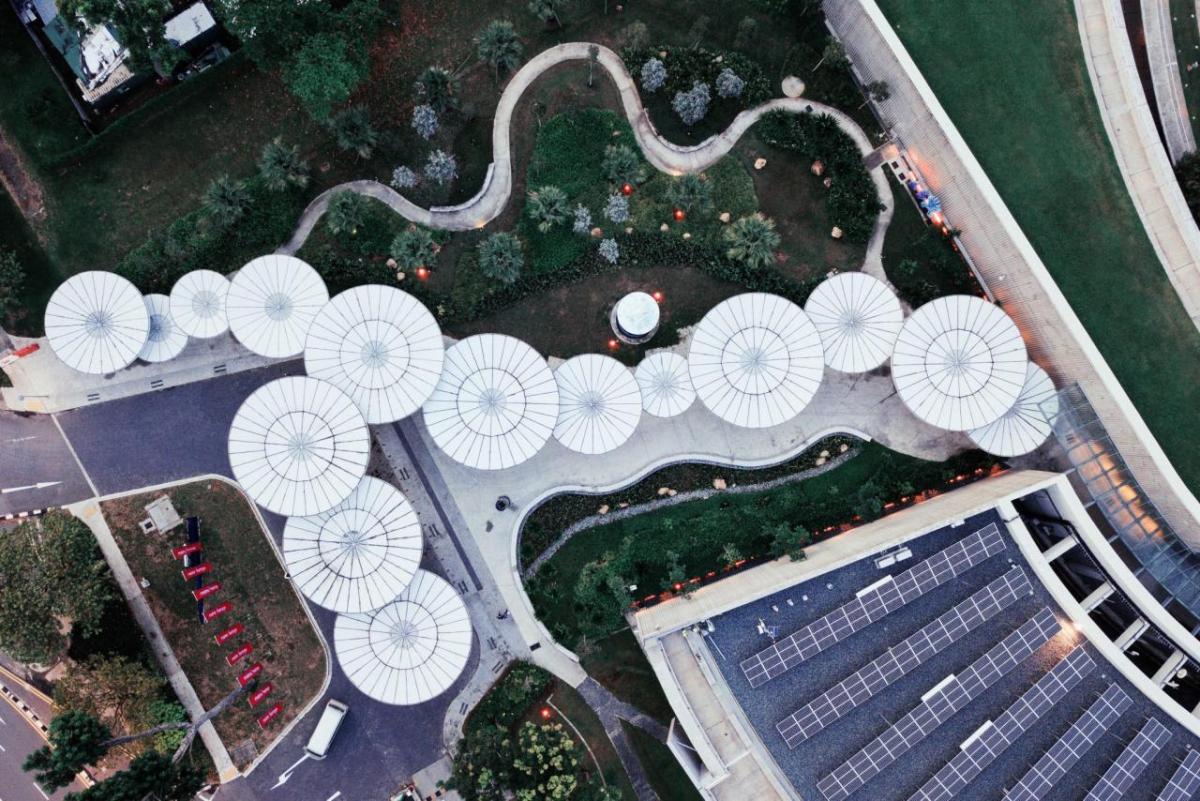 circular roofs in a modern landscape