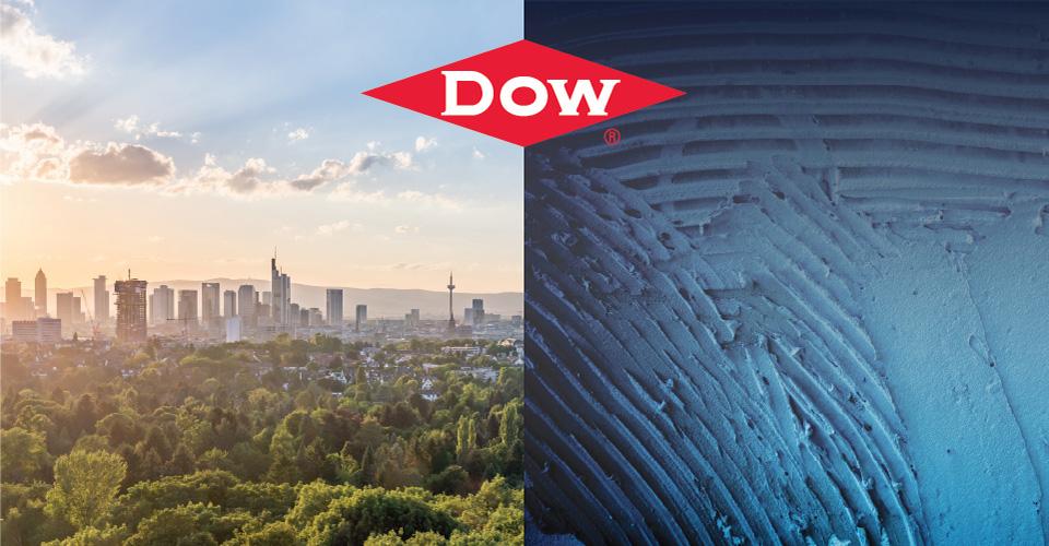 Two photos: a city skyline with trees in the foreground and microscopic close up of powder material. Dow logo between them.
