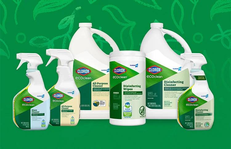 Different Eco Clean products from Clorox, a green background.