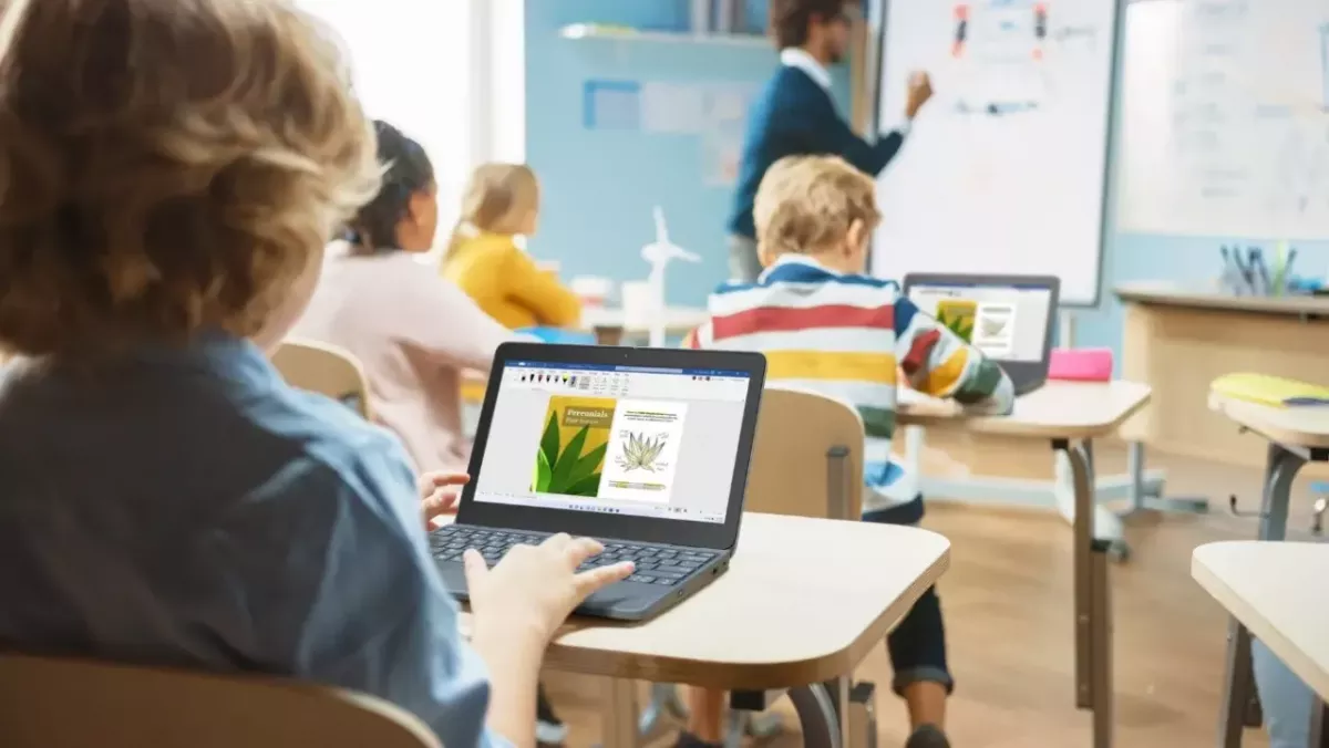 Students on laptops in a classroom