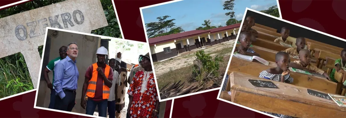 Collage of images of children in school, a school building, people looking at a building under construction.