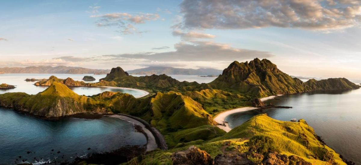 Aerial view of a mountainous, island landscape