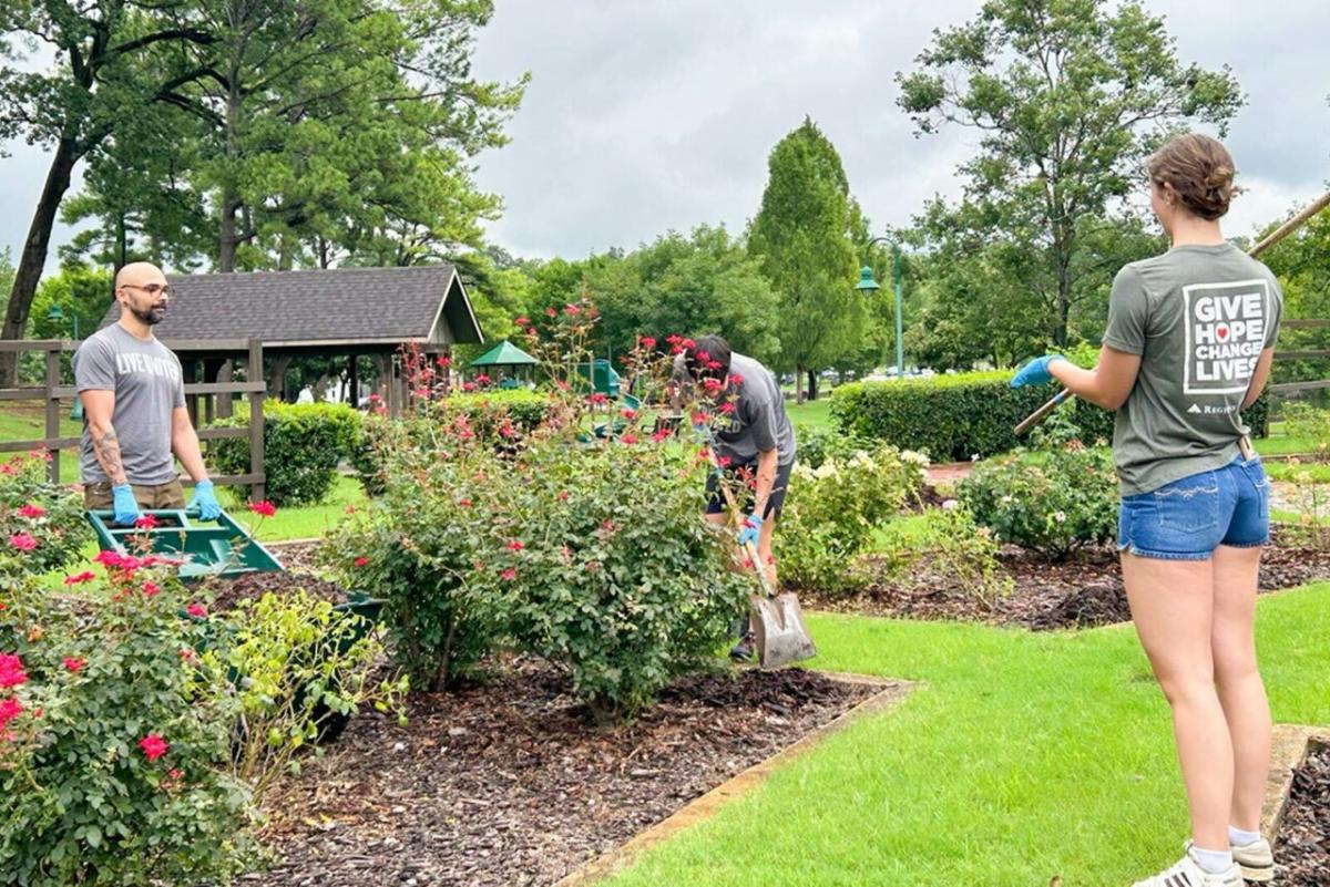 A group of volunteers working in a garden.