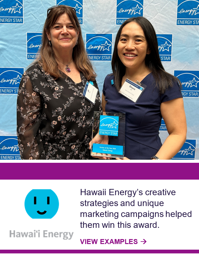 Two people posed holding an award. "Hawai'i Energy" logo at the bottom.