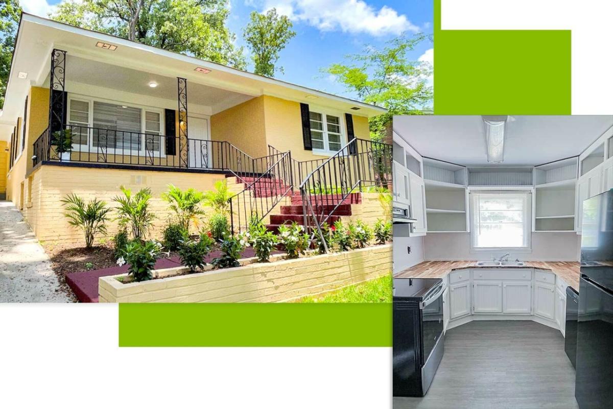 a collage of the exterior of a home and a clean, empty kitchen