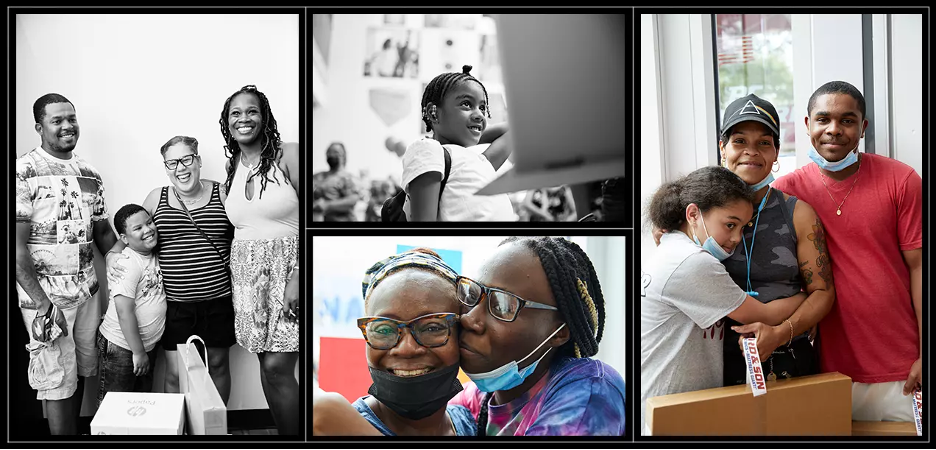 Left: Tanesha Grant with Noel Dorsett, 8, and his parents, Carl Dorsett and Melissa Ramirez. Top middle: Chanel Demorn, 6, waits for a laptop. Bottom middle: Kelly Rolan Ankoue (right), 17, with her mother, Diane Zagore. Right: Rosa Acevedo, 10, with her mother and brother, Wendy and Noah Gomez.