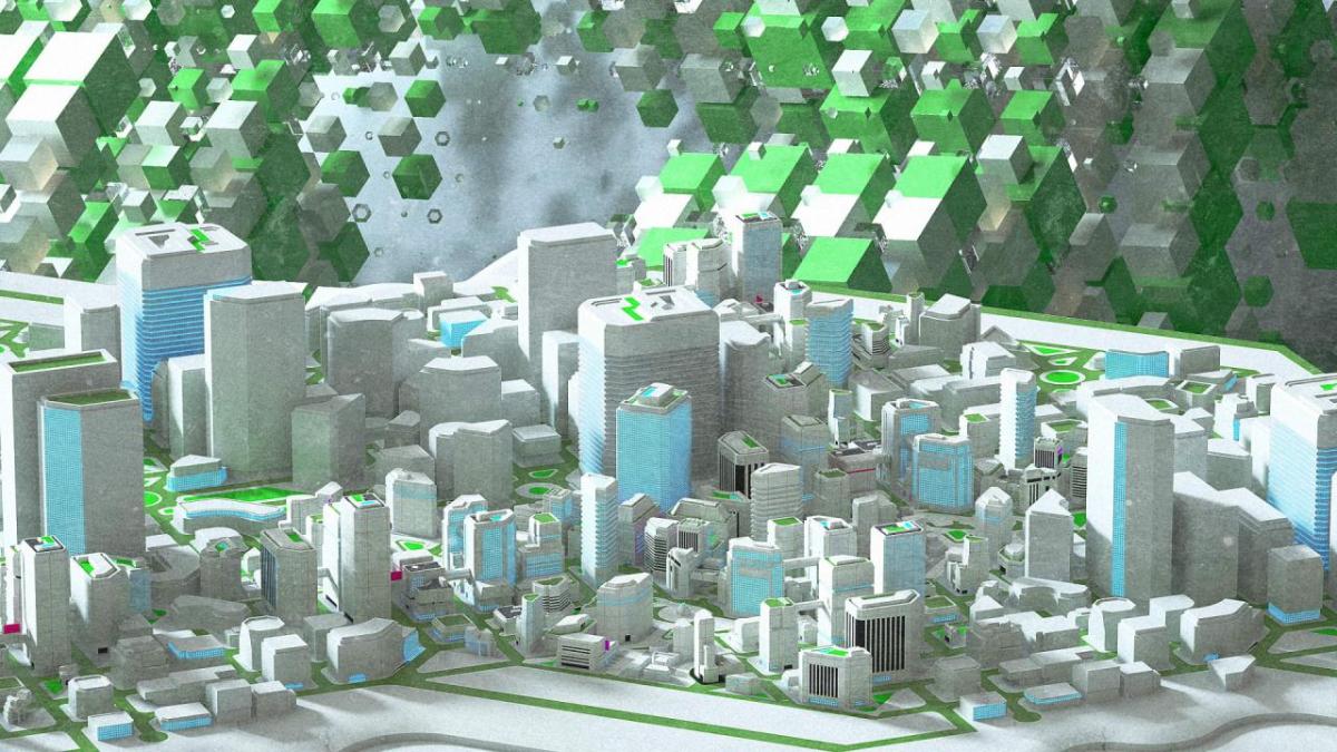 A digital model rendering of a city-scape.