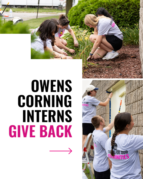 Collage of volunteers painting and gardening "Owens Corning Interns Give Back".