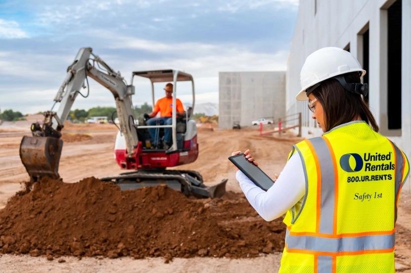 A person looking at a tablet. Another in the distance using a large digging machine.