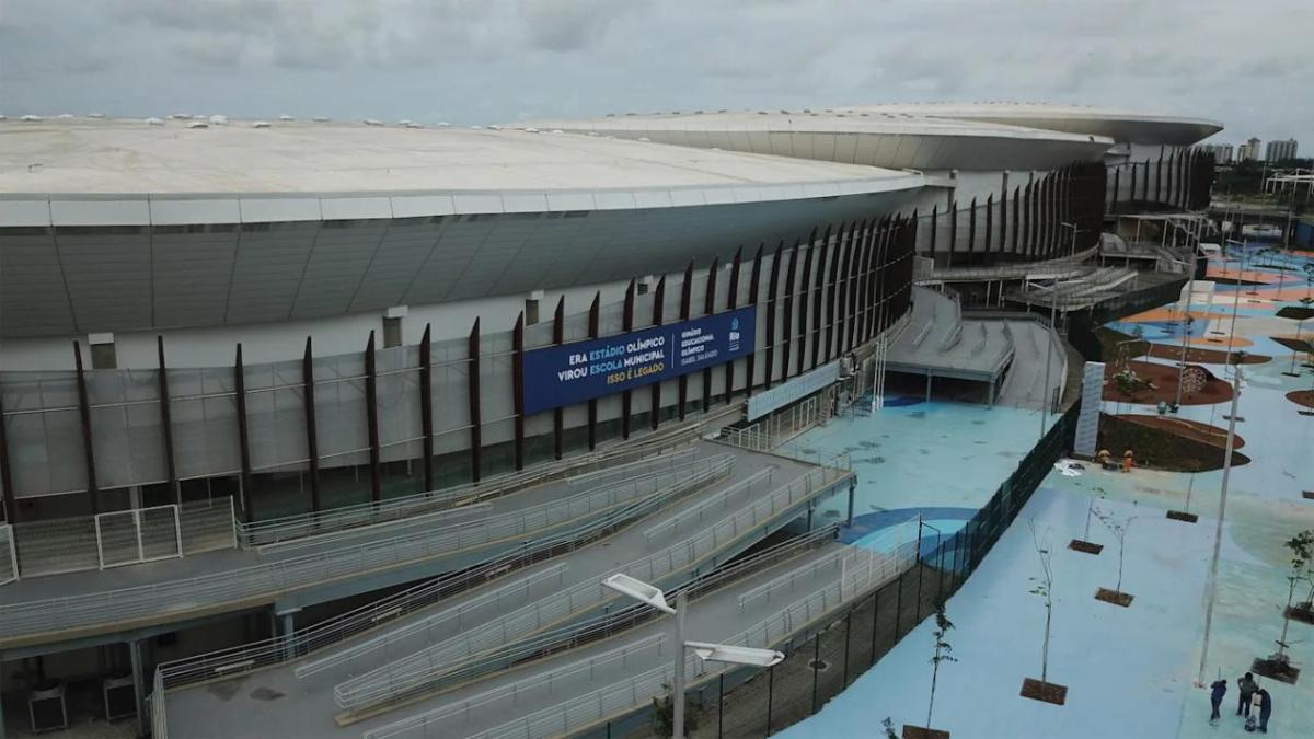 Aerial view of the exterior of a large stadium