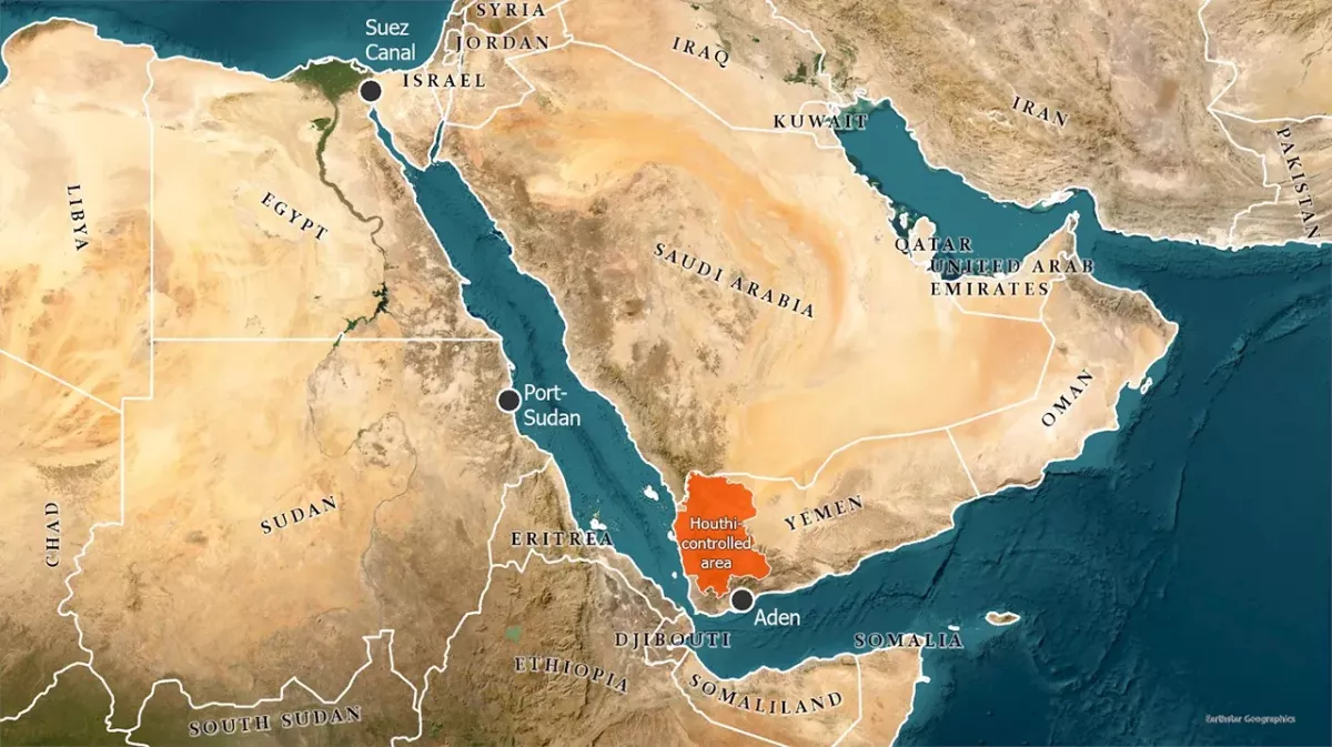 This map shows Port Sudan and Aden, two destinations of recent medical shipments from Direct Relief, that rely on passage through the Red Sea and the Gulf of Aden, where ship thoroughfare has become increasingly challenging. (Map by Michael Robinson/Direct Relief)