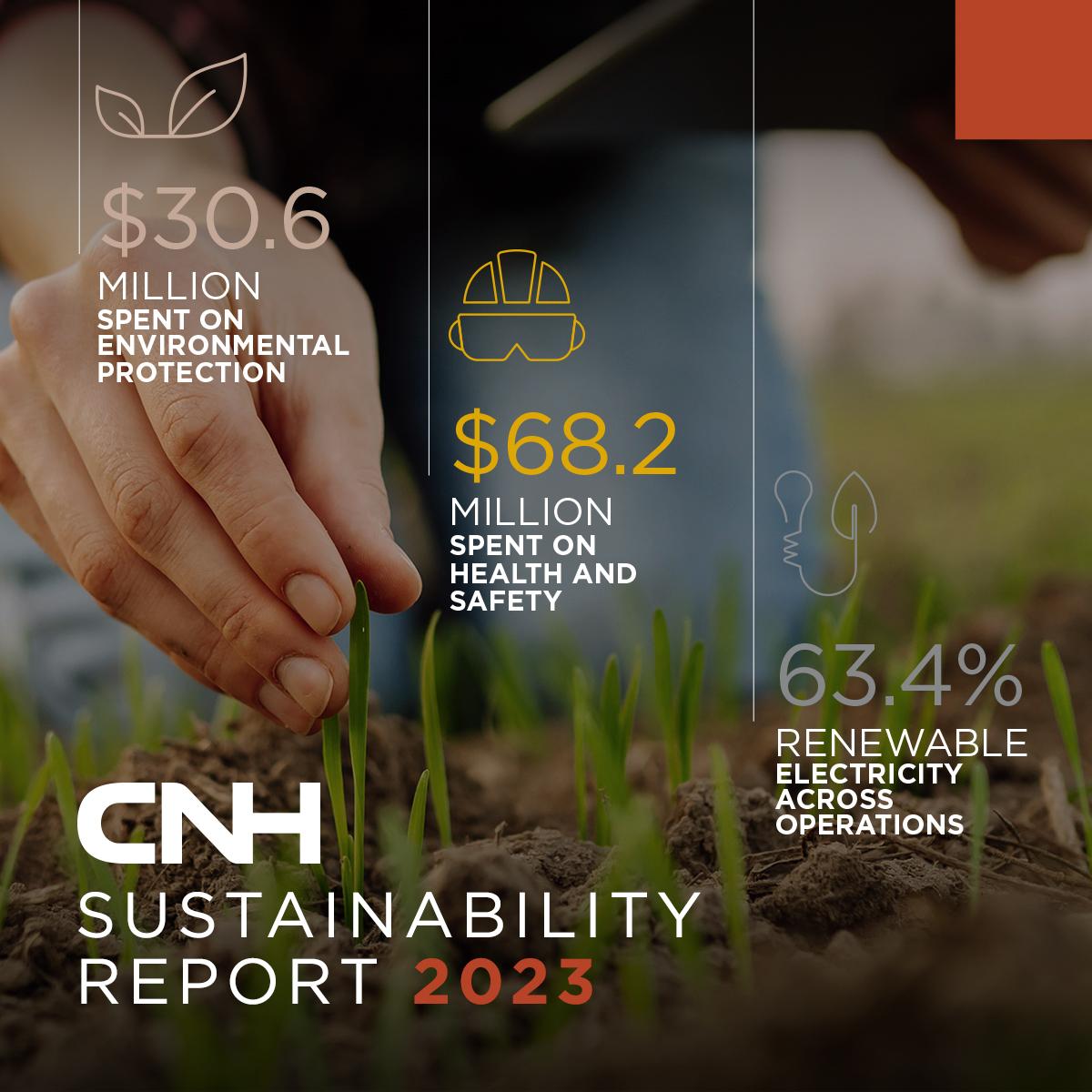 "CNH Sustainability Report 2023" with three statistics. The background is a close up of a person touching a seedling in the ground.