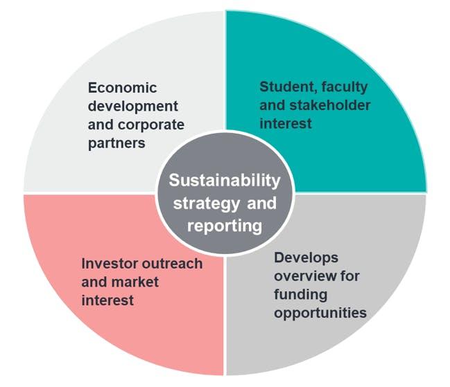 Info graphic pie chart "Sustainability strategy and reporting" four topics surrounding.