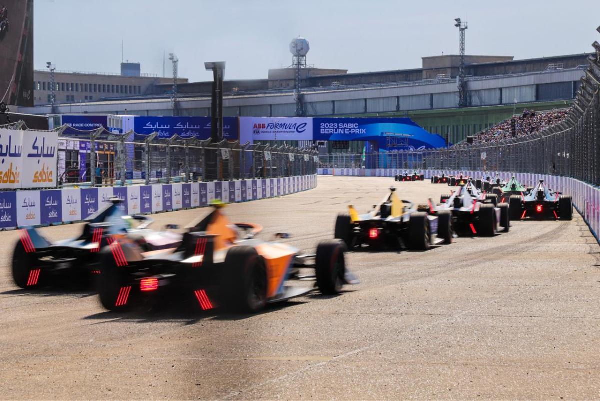 Race car tail lights during a race.