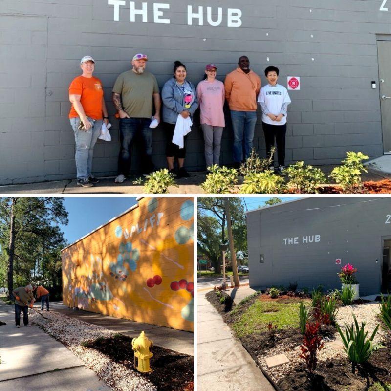 Collage of volunteers standing next to a building "THE HUB" above them and a before and after of that wall now with a mural.
