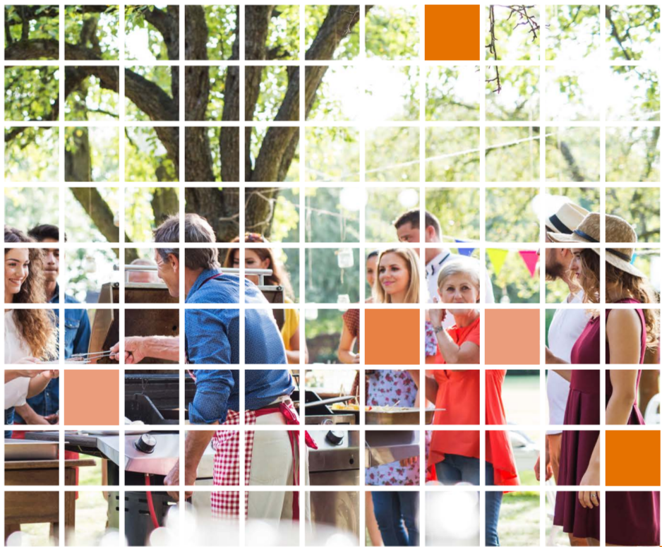 Outdoor gathering of people, one cooking at a grill as others look on. A white grid overlaid.