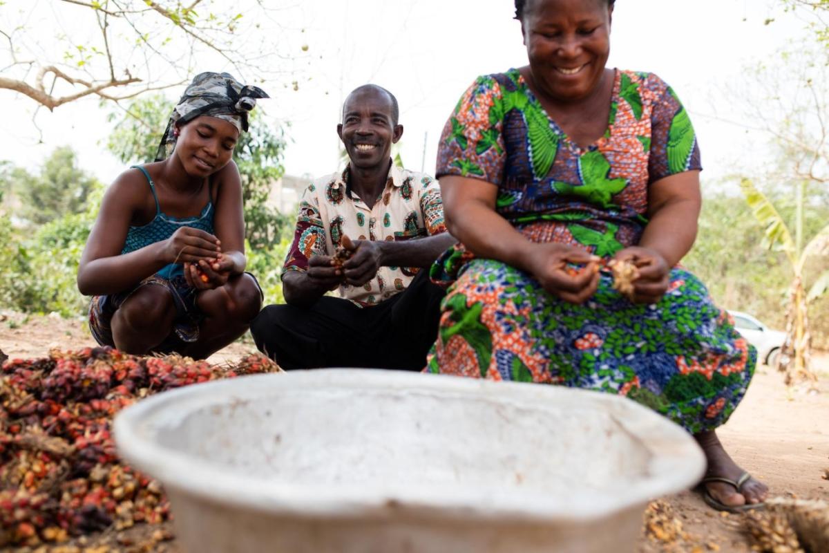 3 people sort crops