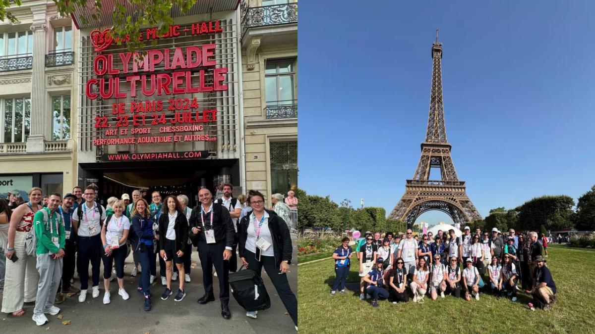 Two separate photo's, the image on the left is a group of people stood outside L'Olympia, on the right is a group photo taken in front of the Eiffel Tower