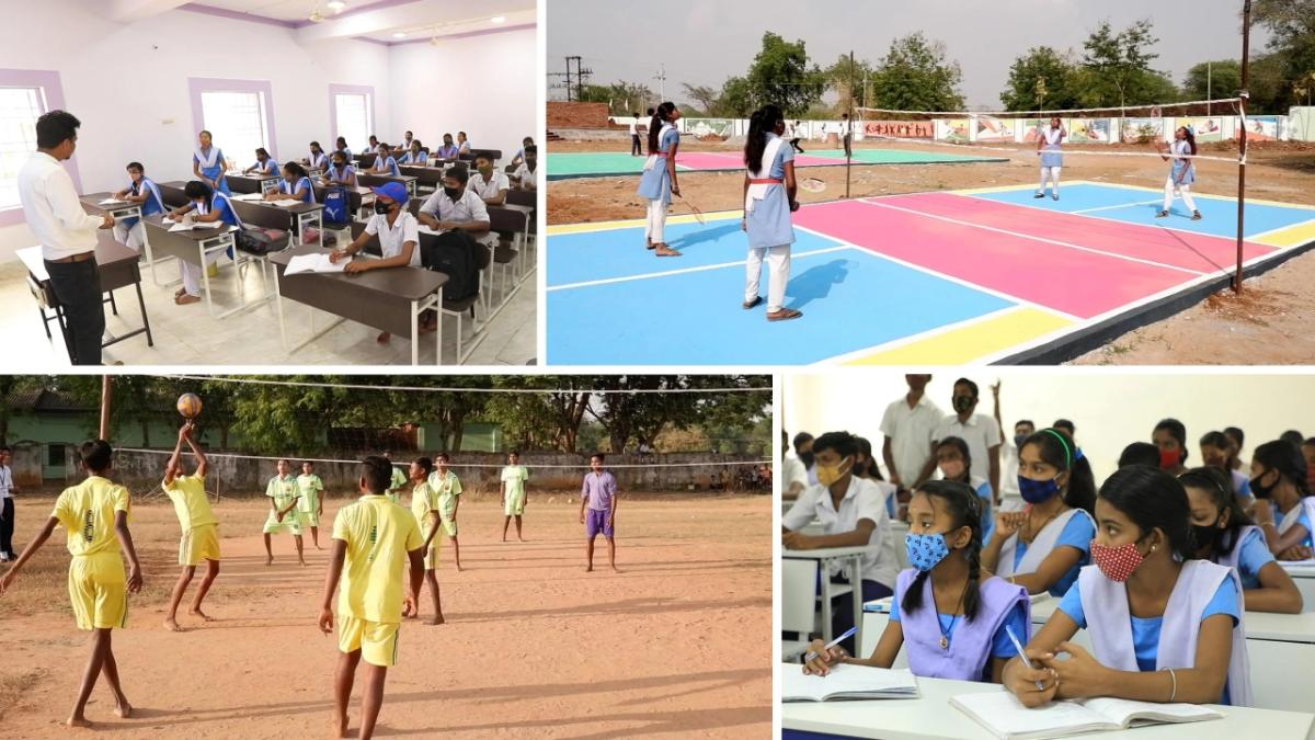 collage of four photos of children in a school room and outside playing badmitton and volleyball